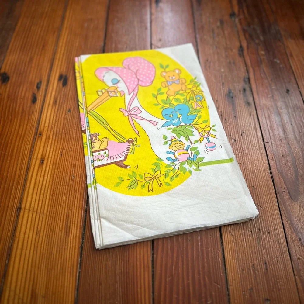 NOS Deadstock Vintage 70s baby shower paper table cloth 52 x 96”